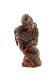 JAPANESE CARVED WOOD AND LACQUER NETSUKE Late 19th/Early 20th Century Height 2".