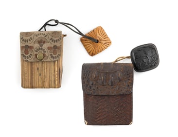 TWO JAPANESE TOBACCO POUCHES WITH CARVED NETSUKE 19th Century