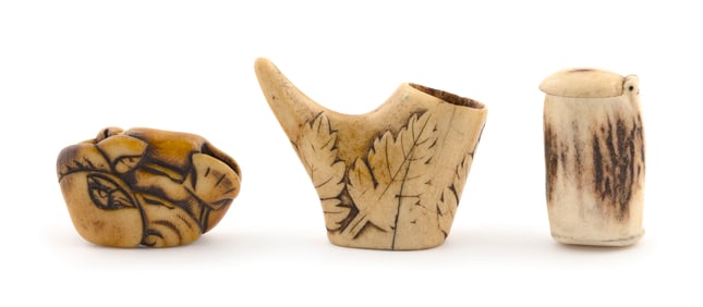 THREE JAPANESE CARVED STAG ANTLER NETSUKE Late 19th/Early 20th Century