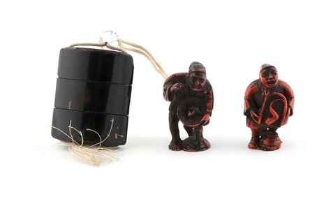 TWO COMPOSITE NETSUKE AND AN EBONY TWO-CASE INRO 20th Century Netsuke heights approx. 2". Inro