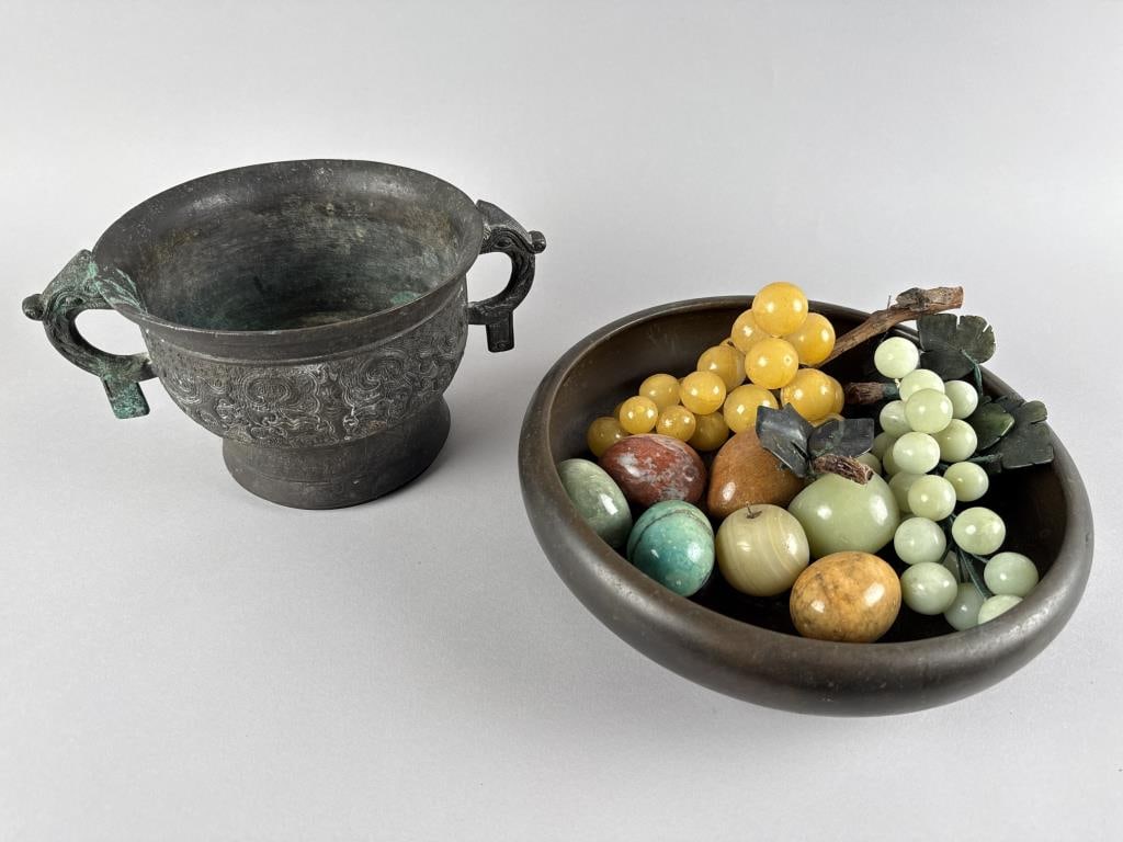 TWO ASIAN BRONZES AND A GROUP OF CARVED STONE FRUIT 20th Century (1 of 6)