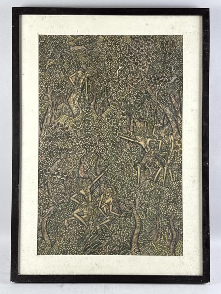 INDONESIAN SCHOOL (20th Century,), Figures in a forest., Watercolor, 27" x 18.5" sight. Framed 33" x (1 of 4)