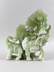 JADE FIGURE GROUP 19th Century Height 11.25". Width 10". Depth 3".