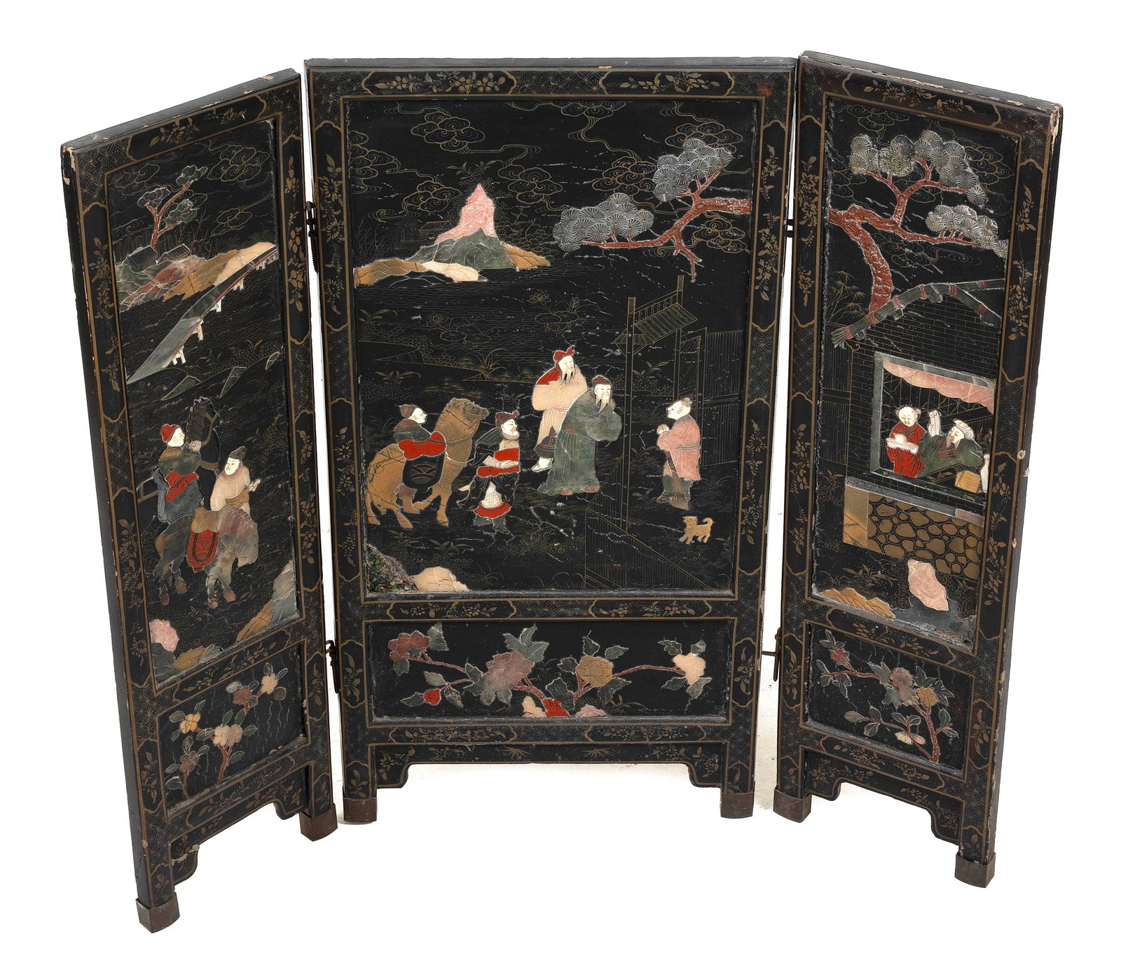 CHINESE BLACK LACQUER THREE-PANEL TABLETOP SCREEN Late 19th Century Central panel 34" x 17". Side (1 of 9)