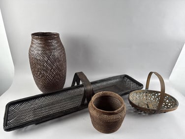 FOUR WOVEN BASKETS, MOSTLY ASIAN 19th/20th Century