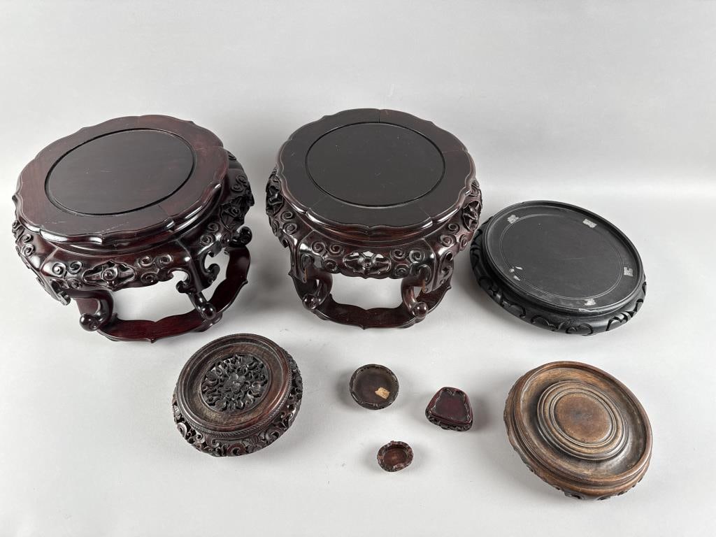 EIGHT ASIAN WOODEN STANDS 20th Century Heights to 8.25". Diameters to 11.5". (1 of 5)