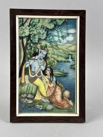 INDIAN PAINTING OF KRISHNA AND AN ATTENDANT 19TH Century Panel 6" x 3.625". Framed 6.875" x 4.625".