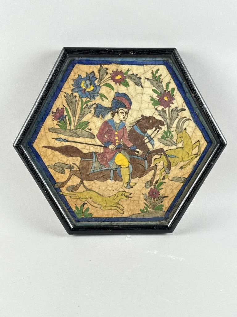 EARLY QAJAR TILE 19th Century or Earlier Tile 11.75" x 14" sight. Framed 13.25" x 15.5".: EARLY QAJAR TILE19th Century or EarlierDepicts a hunting scene with a figure on horseback.Tile 11.75" x 14" sight. Framed 13.25" x 15.5".