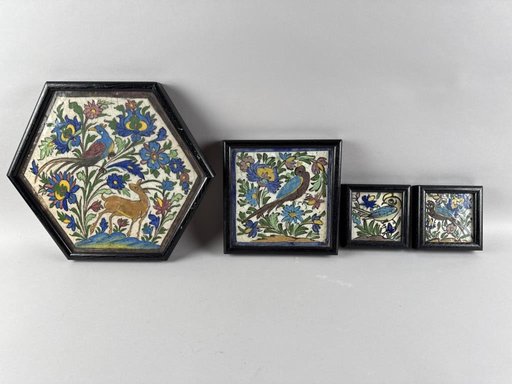 FOUR QAJAR TILES 20th Century: FOUR QAJAR TILES20th Century1) Hexagonal tile depicting a deer and a bird. 11.75" x 13.5" sight. Framed 13.25" x 15".2) Square tile depicting a large bird. 7.5" x 7.5" sight. Framed 9" x 9".3-4) Two r