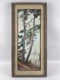 AMERICAN SCHOOL (20th Century,), Trees by the water's edge., Oil on unstretched canvas, 27" x 10.25"