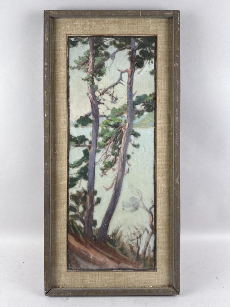 AMERICAN SCHOOL (20th Century,), Trees by the water's edge., Oil on unstretched canvas, 27" x 10.25" (1 of 2)