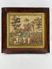 ENGLISH NEEDLEWORK PICTURE OF A BOY AND HIS DOG 19th Century 12.5" x 13.5" sight. Framed approx. 19"