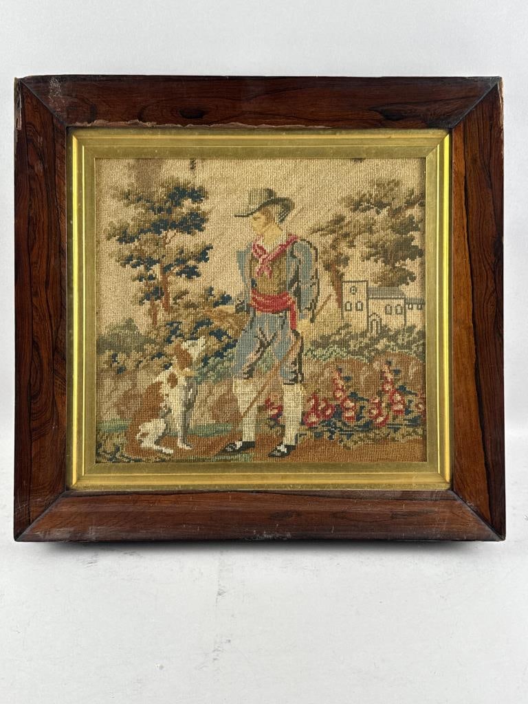 ENGLISH NEEDLEWORK PICTURE OF A BOY AND HIS DOG 19th Century 12.5" x 13.5" sight. Framed approx. 19" (1 of 2)