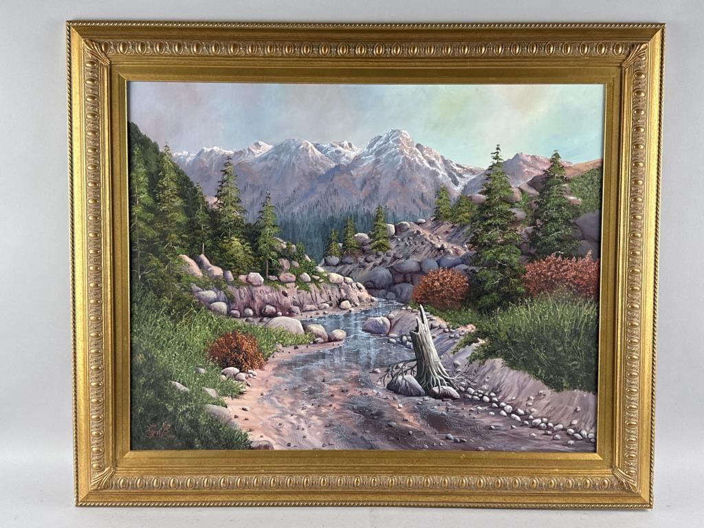 MOUNTAIN LANDSCAPE PAINTING Oil on canvas, 22" x 28". Framed 28.5" x 34". (1 of 2)