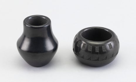 JUAN TAFOYA (New Mexico, 1949-2006), San Ildefonso black glaze pottery bowl and vase., Heights 2"