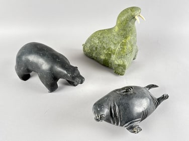 THREE INUIT SOAPSTONE CARVINGS 20th Century Lengths 8" and 9".