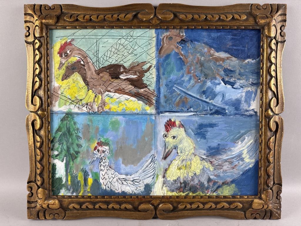 EDWARD BANFORD LEAMAN (Maine, 1946-2023), Chickens., Oil on board, 16" x 20". Framed 20" x 24". (1 of 2)