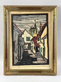 CONTINENTAL SCHOOL (20th Century,), A village alley., Woodcut, 15.75" x 11.5" sight. Framed 19" x