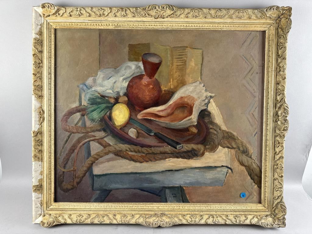 WALTER NEWTON REINSEL (Pennsylvania, 1905-1979), "Still Life with Rope"., Oil on masonite, 25" x: WALTER NEWTON REINSELPennsylvania, 1905-1979"Still Life with Rope". Signed verso "Walt Reinsel".Oil on masonite, 25" x 30". Framed 31" x 35.5".
