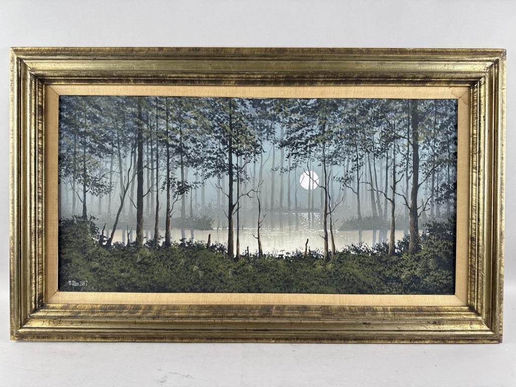 BEN ALLEN ILIFF (America, Late 20th Century), Moonlit lake., Acrylic on canvas, 15" x 30". Framed (1 of 2)