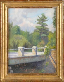 AMERICAN SCHOOL (Late 20th Century,), View of a bridge., Oil on canvas, 15" x 11". Framed 18" x 14".