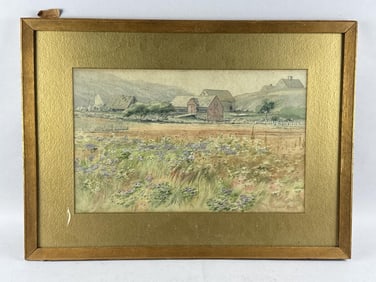 FRANK W. MYRICK (Massachusetts, d. 1917), Expansive farm scene with fields, barns and a farmhouse on