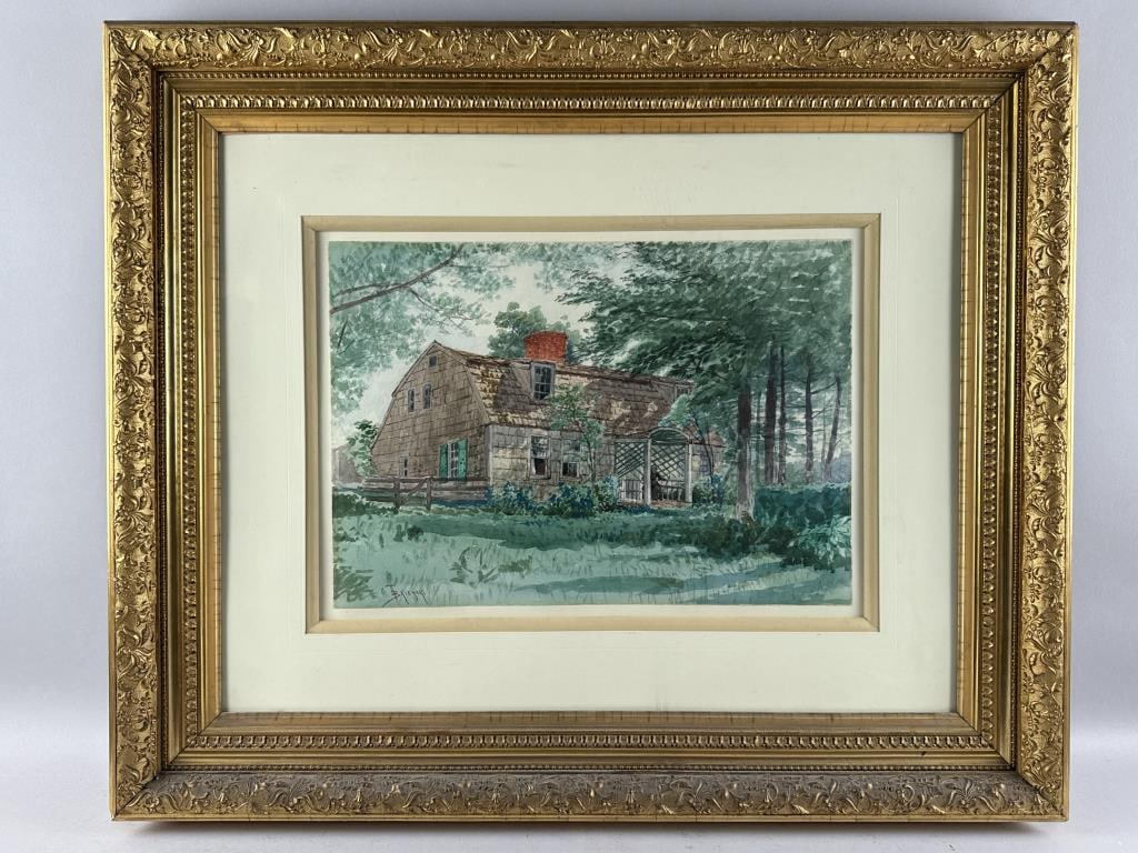 ALFRED THOMPSON BRICHER (New York/New Hampshire, 1837-1908), View of a cottage, with a woman seated: ALFRED THOMPSON BRICHERNew York/New Hampshire, 1837-1908View of a cottage, with a woman seated under the portico. Signed lower left "A.T. Bricher".Watercolor on paper, 13.5" x 19.5" sight. Framed 30"