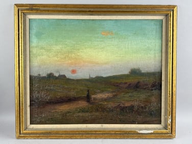 C.H. SHERMAN (New York, Early 20th Century), Sunset over a country road., Oil on canvas, 20" x 25".