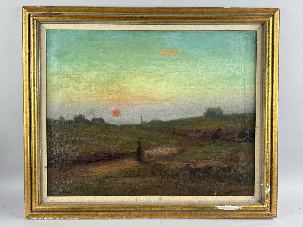 C.H. SHERMAN (New York, Early 20th Century), Sunset over a country road., Oil on canvas, 20" x 25". (1 of 2)