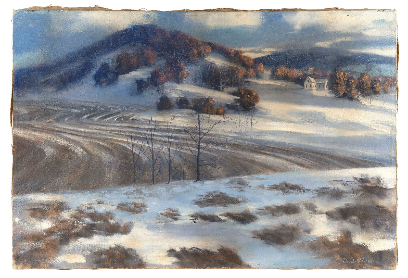 DOUGLAS W. TURNER (Massachusetts, 1941-), Winter scene of a farmhouse in the foothills., Oil on (1 of 2)