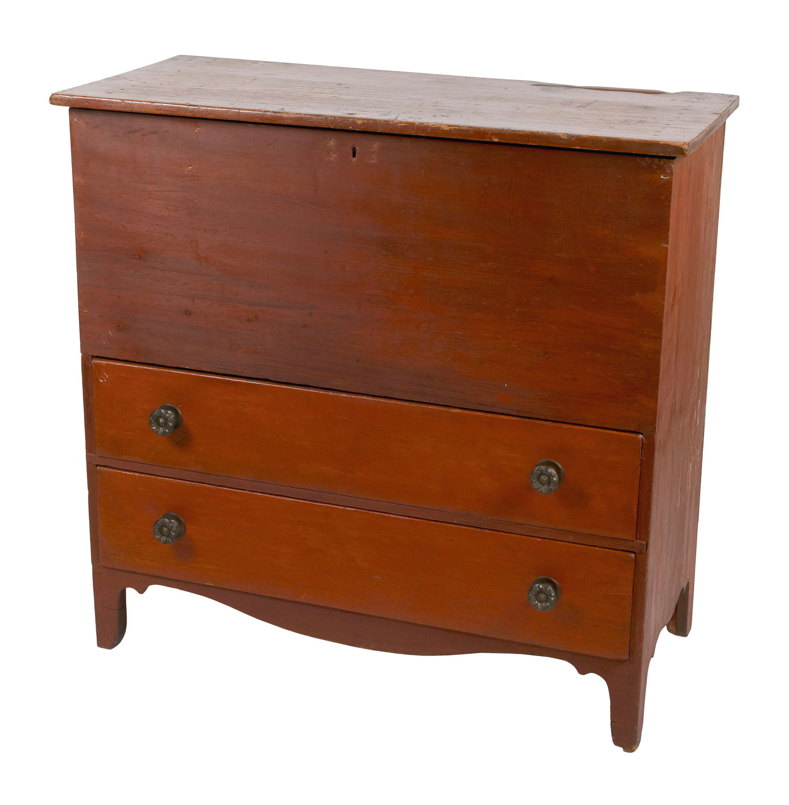 RED PAINTED PINE BLANKET CHEST 19th Century Height 42.5". Width 44". Depth 20".: RED PAINTED PINE BLANKET CHEST19th CenturyTwo full-width drawers below blanket compartment. Shaped base.Height 42.5". Width 44". Depth 20".