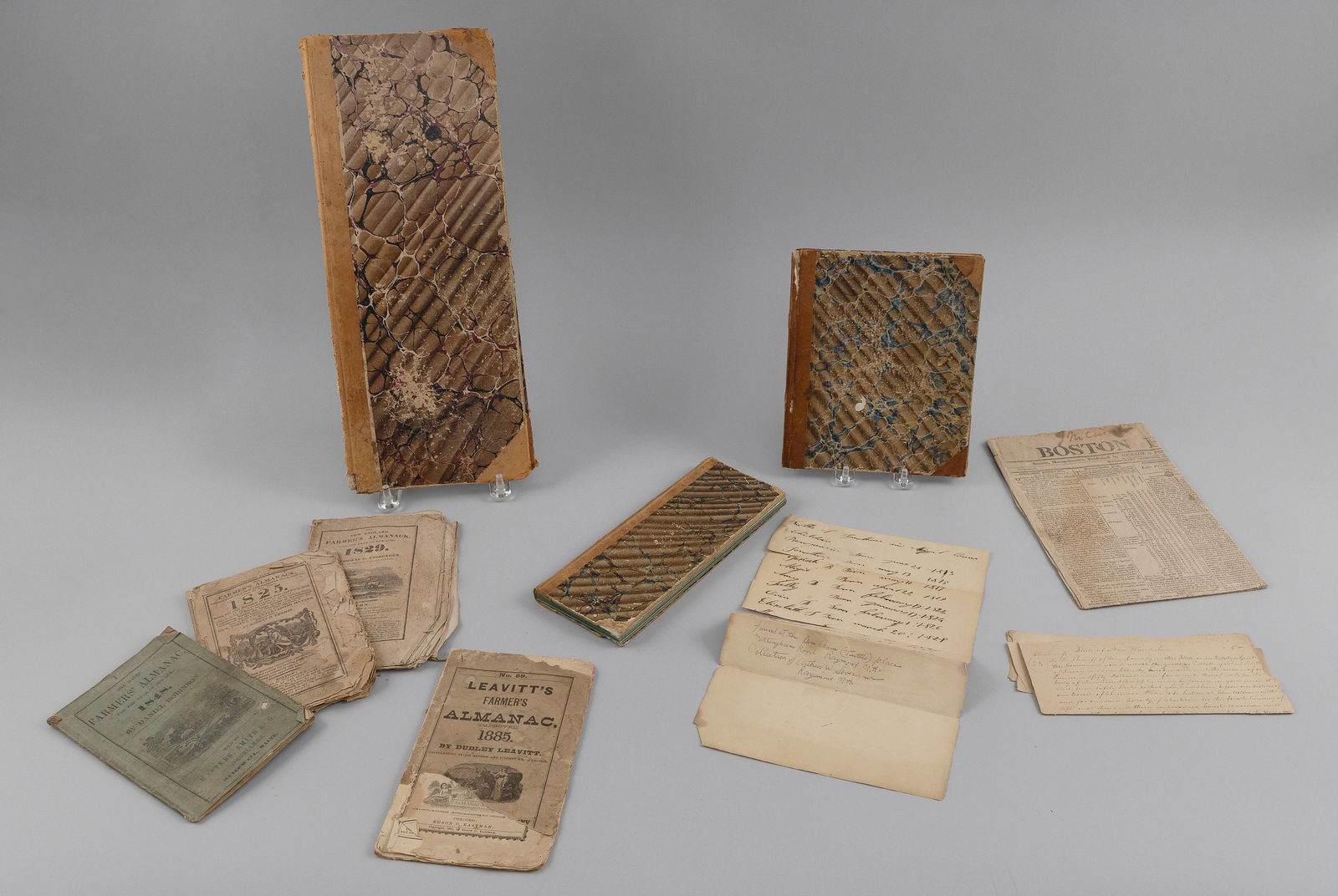 COLLECTION OF EPHEMERA INCLUDING LEDGERS AND FARMER'S ALMANACS 19th Century Largest ledger 16.5" x (1 of 2)