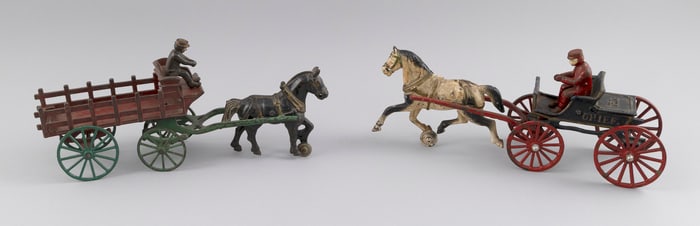 TWO CAST IRON HORSE-DRAWN WAGON TOYS 19th Century Lengths 15".