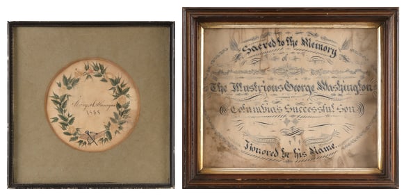 TWO CHILD'S SCHOOLWORK EXERCISES 19th Century Framed 10" x 10" and 11" x 13".