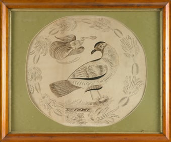 PENMANSHIP EXERCISE DEPICTING FOWL BY A.W. TALBOT 19th Century 19" x 19.5" sight. Framed 23.5" x
