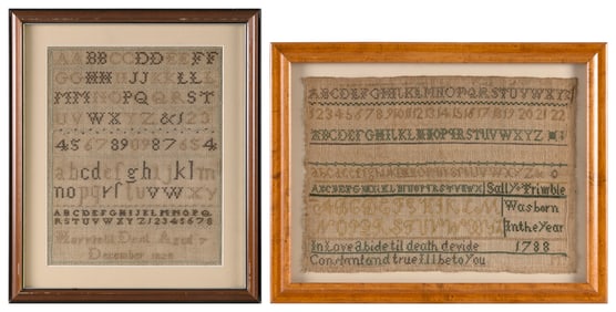 TWO NEEDLEWORK SAMPLERS 18th and 19th Centuries Framed 15" x 12" and 13" x 16".