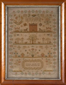 PICTORIAL NEEDLEWORK SAMPLER Dated 1827 18" x 13" sight. Framed 21.5" x 17".
