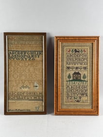 TWO NEEDLEWORK SAMPLERS 19th Century Framed 17.5" x 10" and 18.5" x 9.5".
