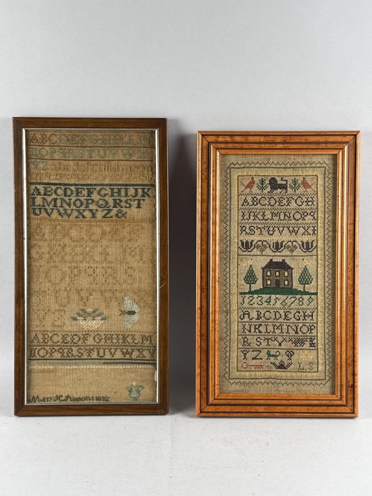 TWO NEEDLEWORK SAMPLERS 19th Century Framed 17.5" x 10" and 18.5" x 9.5". (1 of 4)