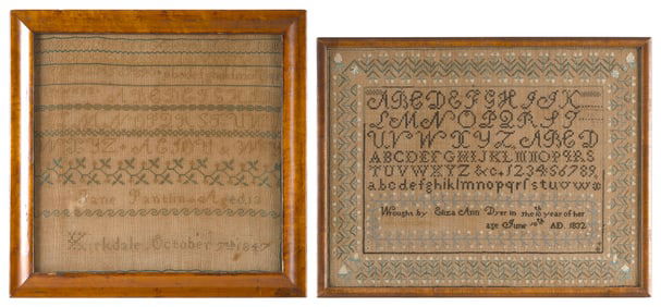 TWO NEEDLEWORK SAMPLERS 19th Century Framed 14" x 17" and 15.5" x 15.5".