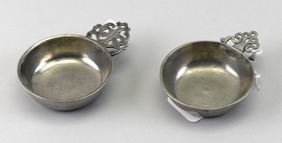 TWO AMERICAN PEWTER PORRINGERS Late 18th/Early 19th Century Lengths 5" and 5.25".