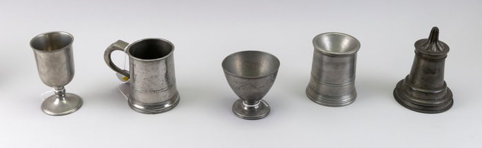 FIVE PEWTER ITEMS 19th/20th Century Heights from 4" to 6.25".