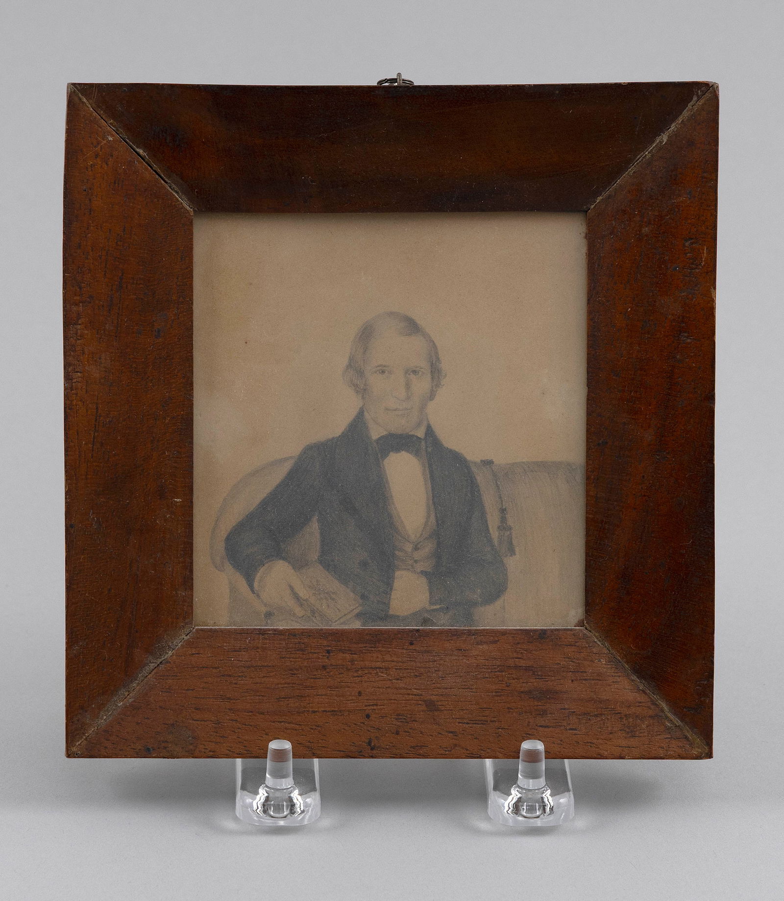 SMALL PENCIL PORTRAIT OF A GENTLEMAN 19th Century Framed 6" x 6".: SMALL PENCIL PORTRAIT OF A GENTLEMAN19th CenturyNoted verso "Portrait unknown I picked it up somewhere but I think rather good Charles Everett Hingham 1943".Framed 6" x 6".