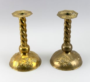 PAIR OF BRASS REPOUSSE CANDLESTICKS 19th Century Heights 10.5".
