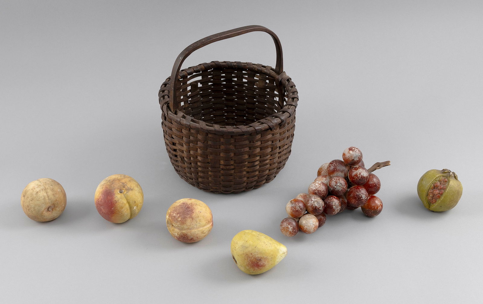 SPLINTWORK GATHERING BASKET CONTAINING ALABASTER FRUIT 19th Century Basket height 10". (1 of 2)