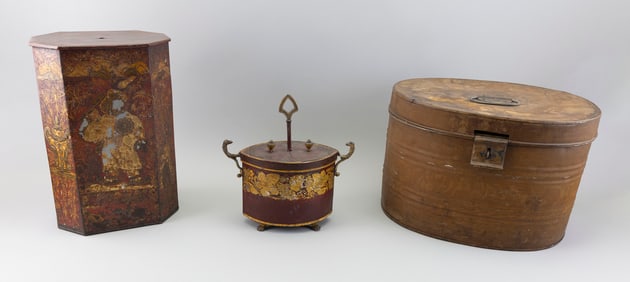 THREE TOLE CONTAINERS 19th Century Heights to 15".