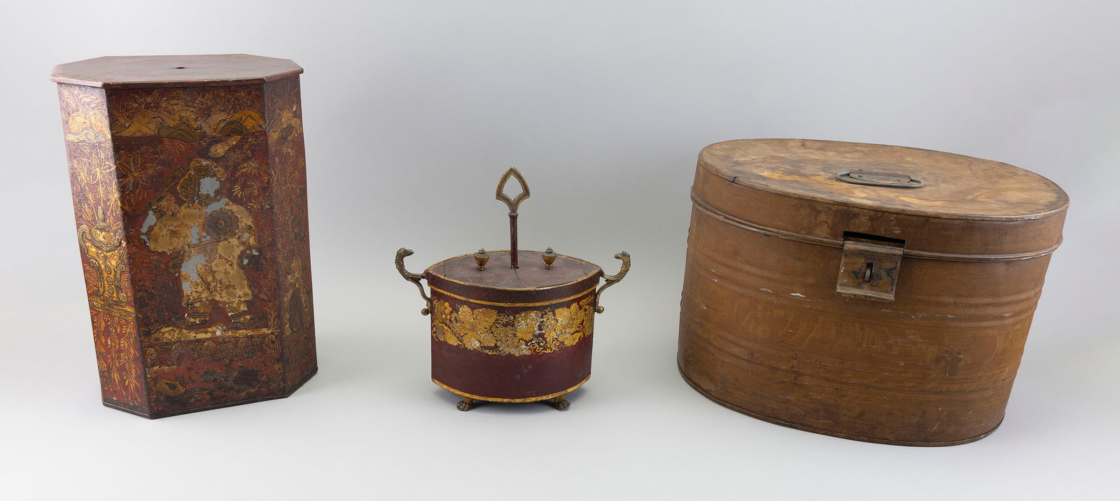 THREE TOLE CONTAINERS 19th Century Heights to 15". (1 of 3)