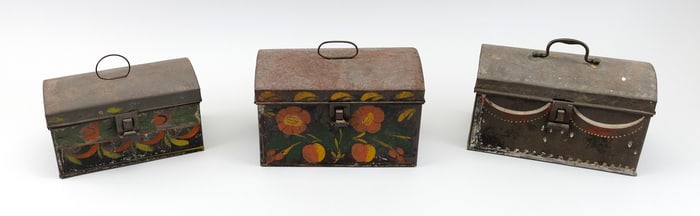 THREE TOLE BOXES 19th Century Heights approx. 5".