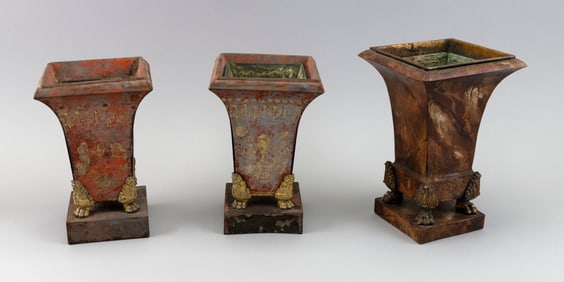 THREE TOLE URNS 19th Century Heights 8.5".