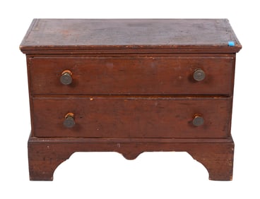 RED PAINTED PINE TWO-DRAWER CHEST 19th Century Height 28". Width 39". Depth 17".